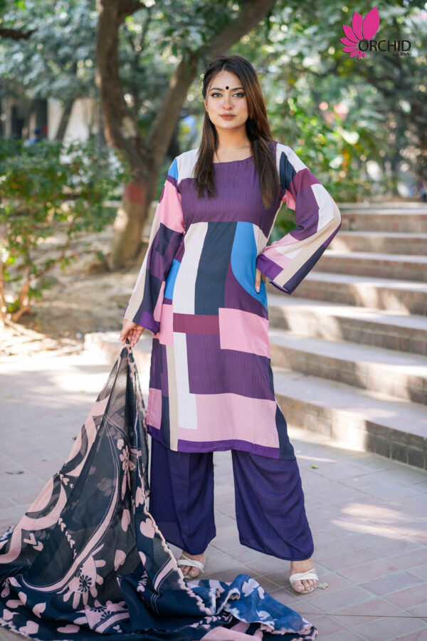 Orchid Geometric Printed Premium Silk Shalwar Kameez - Image 4